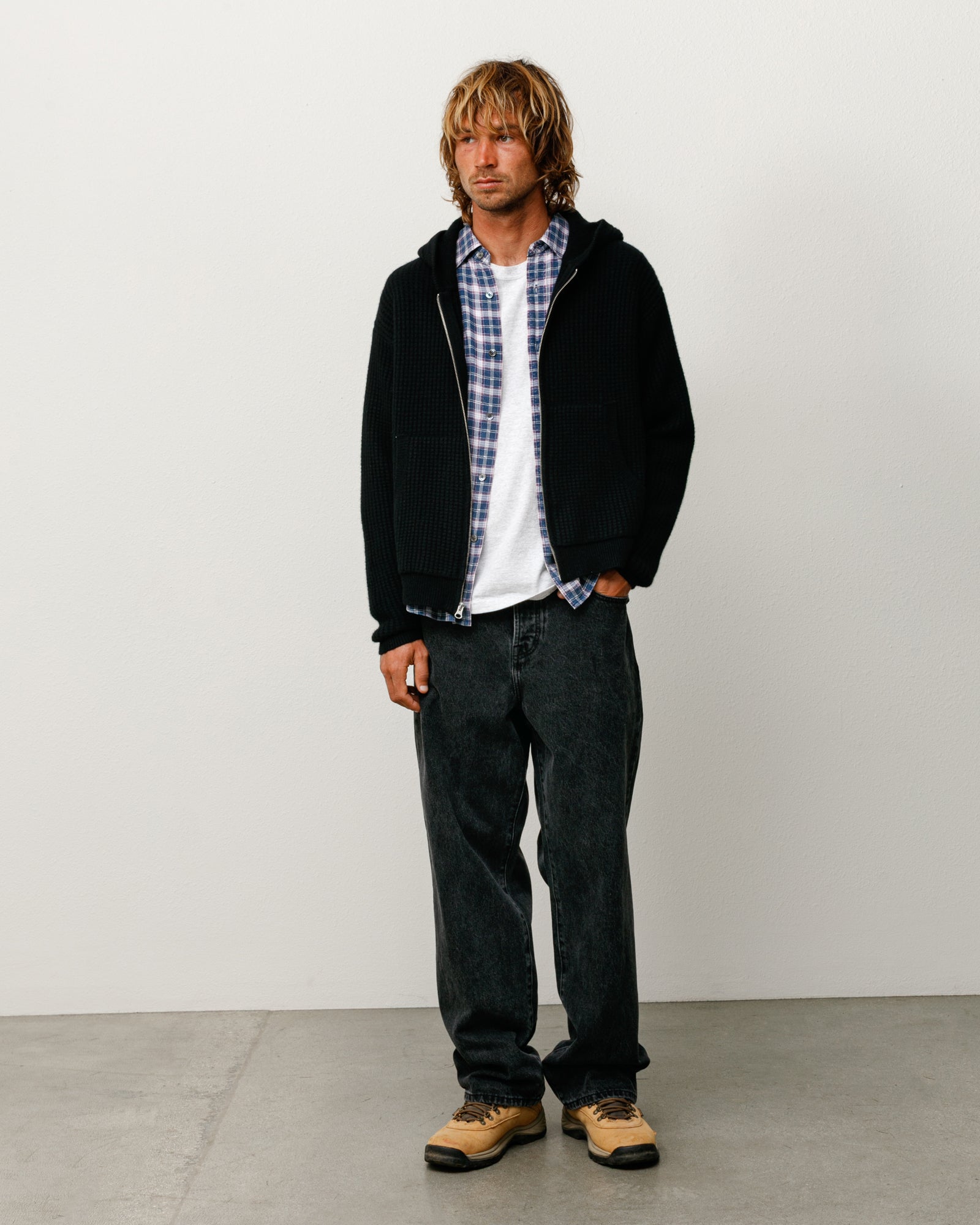 WAFFLE CASHMERE ZIP HOOD SWEATER